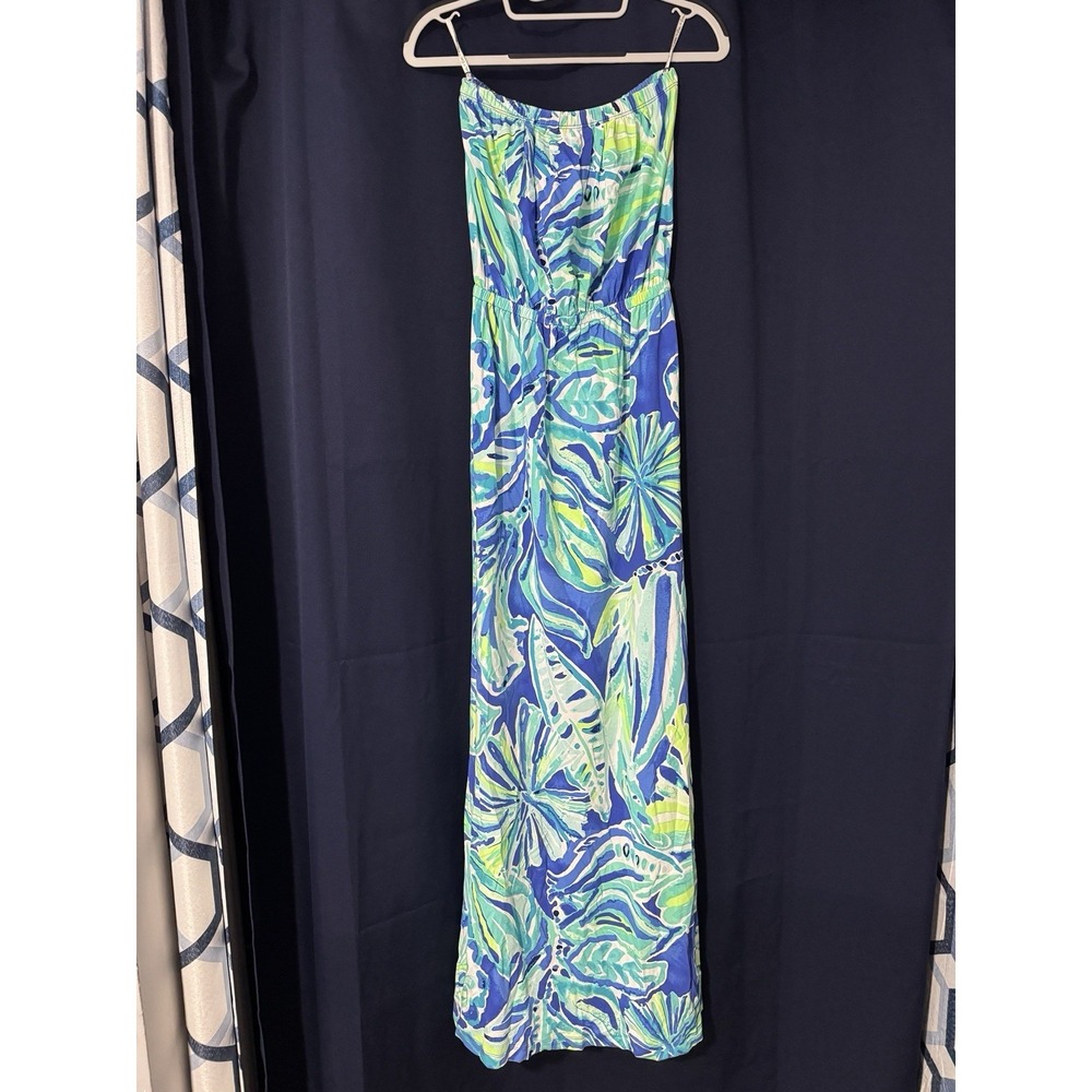 Lilly Pulitzer Marlisa‎ Maxi Dress Womens XS Blue Green Floral Strapless Elastic